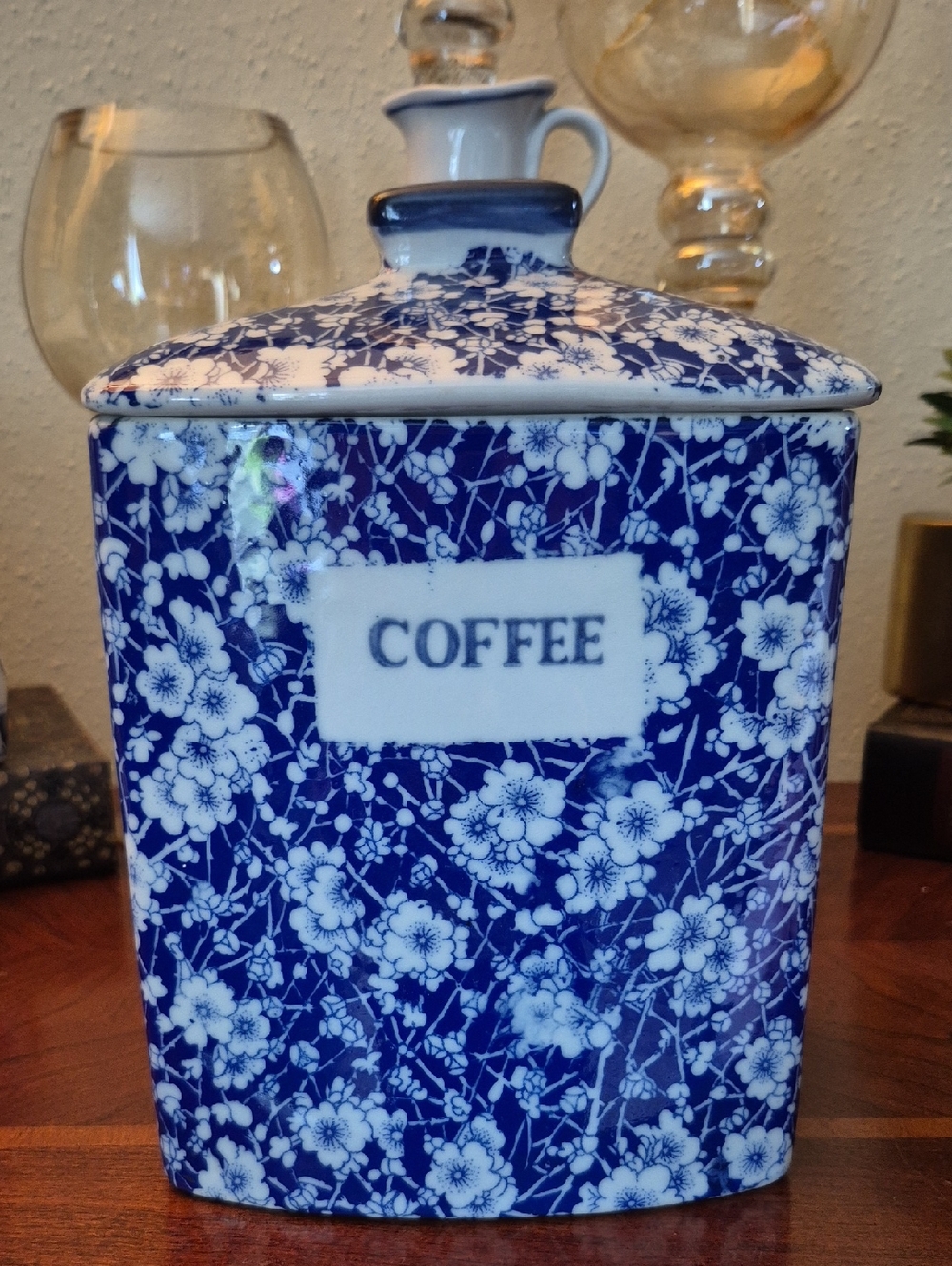 Vintage Victorian Blue and White Floral Ceramic Coffee Canister